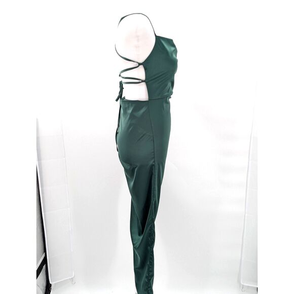 Emerald Green Satin Tie Neck Cowl Backless Formal Prom Midi Dress Size Medium - Picture 4 of 7